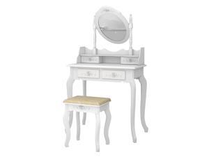 Vanity Makeup Dressing Table Set w/Stool 4 Drawer & Mirror Wood Desk White