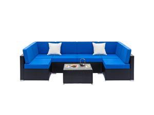 7PCS Outdoor Patio Furniture Wicker Rattan Cushions Sofa Sectional Black Blue