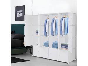 16-Cube DIY Modular Shelving Storage Organizer,14"x 18" Portable Wardrobe with 3 Clothes Rods & Door