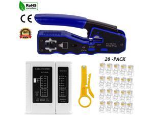 All-in-one RJ45 Crimper tool for Cat5 Cat6 Cat6a Pass Through Connectors, with 1 piece Cable Tester and 1 Pieces Mini Wire Stripper and 20 Pieces Cat6 Connectors All-in-one RJ45 Crimper tool for Cat5 Cat6 Cat6a Pass Through Connectors, with 1 piece Cable Tester and 1 Pieces Mini Wire Stripper and 20 Pieces Cat6 Connectors