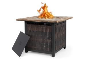 Nuu Garden 34 Inch Wicker Steel Frame Propane Gas Fire Pit Table, Outdoor 50,000 BTU Auto-Ignition Fire Pit with Glass Rocks and Tale Lid, MGO Tabletop - Brown Nuu Garden 34 Inch Wicker Steel Frame Propane Gas Fire Pit Table, Outdoor 50,000 BTU Auto-Ignition Fire Pit with Glass Rocks and Tale Lid, MGO Tabletop - Brown