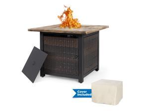 Nuu Garden 34 Inch Wicker Steel Frame Propane Gas Fire Pit Table with PVC Waterproof Cover Outdoor 50,000 BTU Auto-Ignition Fire Pit with Glass Rocks and Tale Lid, MGO Tabletop - Brown Nuu Garden 34 Inch Wicker Steel Frame Propane Gas Fire Pit Table with PVC Waterproof Cover Outdoor 50,000 BTU Auto-Ignition Fire Pit with Glass Rocks and Tale Lid, MGO Tabletop - Brown