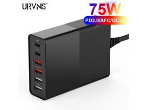 75W PD 6-Port Desktop Adapter, 65W Power Delivery Type C & 4 USB A Ports Quick Charger for Lenovo, Dell XPS, iPhone 11 XS