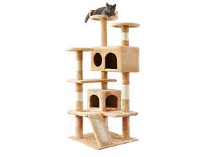Made4Pets Two-Layer Wooden Cat Scratching Post Cat Toy Interactive Track Ball Turntable with Dangling Ball for Cat Beige