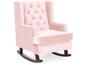 Tufted Luxury Velvet Wingback Rocking Accent Chair, Living Room, Bedroom w/ Wood Frame - Blush Pink Tufted Luxury Velvet Wingback Rocking Accent Chair, Living Room, Bedroom w/ Wood Frame - Blush Pink