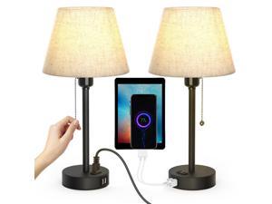 Neoglint Bedside Table Lamp Desk Light Nightstand Lamp Dual USB and Socket Pull Zipper Switch Design for Bedroom Dorm Living Room
