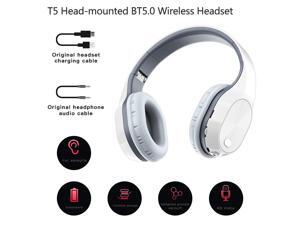 T5 Head-mounted Foldable BT5.0 Wireless Headset Support Card 9D Stereo Sound for Sports Gaming with Microphone (White & Grey) T5 Head-mounted Foldable BT5.0 Wireless Headset Support Card 9D Stereo Sound for Sports Gaming with Microphone (White & Grey)