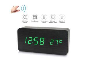 Electronic LED Digital Wooden Alarm Clock Time/ Temperature/ Date Display Desktop Clock 3 Levels Brightness Voice Control USB Charge or Battery Supply -- Black
