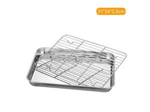 Stainless Steel Flat Bottom Baking Tray with Mesh Set Square Barbecue Plate with Cooling Rack Drip Pan Baking Plate Barbecue Tray Bakeware (31*24*2.5cm)