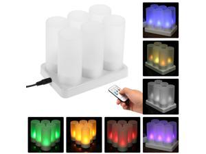 Set of 6 Rechargeable LED Color Changing Flickering Flameless Tealight Candles Lights with Remote Control USB 5V Frosted Cups Charging Base for Christmas Party Holiday Festivals Wedding