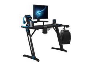 Gaming Desk, Z-Shaped Computer Desk Gamer Workstation with Monitor Stand & Carbon Fiber Surface, Gamer Table with RGB Lights, Cup Holder, Headphone Hook & Plug Board Holder
