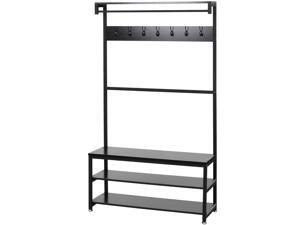 Coat Rack, Shoe Bench, Hall Tree with Storage Shelf for Entryway, Industrial Accent Furniture with Steel Frame, 3-in-1 Design, Easy Assembly,