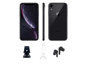 Refurbished Apple iPhone XR A1984 Fully Unlocked 64GB Black Bundle w Bluetooth Earbuds Stand Charger Microfiber