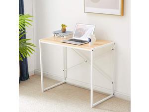 Computer Desk 35.4 Inch Small Desk for Small Spaces Modern Simple Writing Desk for Home Office Study Desk with Stainless Steel Frame, Sturdy and Stable, White+Wood