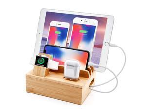 Bamboo Charger Station for Multiple Devices 6 in 1 USB Charging Station with 5-Port for Cell Phone Tablet Electronic, Watch Stand Earbuds Docking Station Organizer-5 Mixed Cables Included