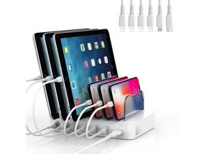SooPii Premium 6-Port USB Charging Station Organizer for Multiple Devices, 6 Short Charging Cables Included, for Phones, Tablets, and Other Electronics, White