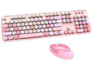 UBOTIE Colorful Computer Wireless Keyboard Mouse Combos, Retro Typewriter Flexible Keys Office Full-Sized Keyboard, 2.4GHz Dropout-Free Connection and Optical Mouse (Pink-Colorful)