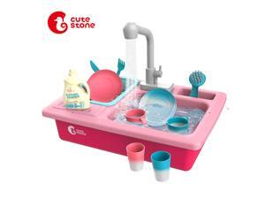 CUTE STONE Color Changing Kitchen Sink Toys, Children Heat Sensitive Electric Dishwasher Playing Toy with Running Water, Automatic Water Cycle System Play House Pretend Role Play Toys for Boys Girls