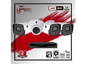 Knight Vision // 4 Surveillance Cameras with FREE mobile monitoring / HIGH RESOLUTION / Package 003-3MP / 4CH NVR / H.265 decoding / Security Cameras System / Indoor-Outdoor / White.