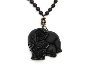 Black Obsidian Lucky Elephant Pendant Hand Carved Beads Necklace