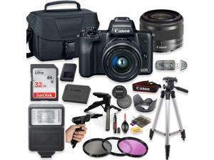 Canon Eos M50 Mirrorless Digital Camera (Black) With 15-45Mm Stm Lens + Deluxe Accessory Bundle Including Sandisk 32Gb Card, Canon Case, Flash, Grip Multi Angle Tripod, 50" Tripod, Filters And More.