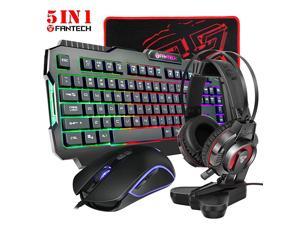 PC Gaming Set Rainbow Backlit 104 Keys Keyboard USB Wired 4800DPI Macro RGB Programmable Mouse 50mm Speaker Driver Stereo Headphone Sturdy Headset Stand Rubber Base Mousepad Combo P51