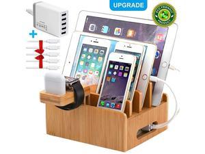 Bamboo Charging Station for Multiple Devices with 5 Port USB Charger, 5 Charger Cables and AirPod & Watch Stand.  Desk Wood Docking Stations Electronic Organizer for Cell Phone, Tablet,