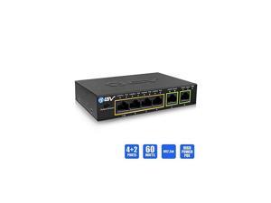 6 Port PoE+ Switch 4 PoE+ Ports with 2 Ethernet Uplink and Extend Function 60W 8023at + 1 High Power PoE Port