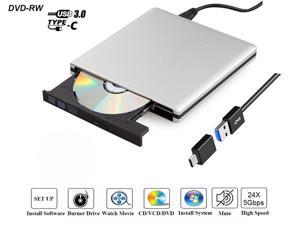 External CD DVD Drive USB 3.0 & USB C, Ultra Slim Aluminum Portable CD DVD ROM +/-RW DVD Burner Drive Reader Writer for Mac MacBook Pro/ Air, iMac, Windows 11/10/8/7 Laptop Desktop Computer, Silver
