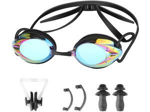 Swim Goggles, No Leaking Anti-Fog, Adjustable Polarized Swimming Goggles with Ear Plugs & Nose Clips for Adult(Black)