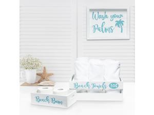 Elegant Designs Three Piece Decorative Wood Bathroom Set, Large, Coastal/Beach  (1 Towel Holder, 1 Frame, 1 Toilet Paper Holder)
