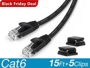 XINCA Cat6 Ethernet Cable Lnternet Network Gigabit Flat Patch Cord Lan 15ft Black With 5pcs Cable Clips Snagless Rj45 Connectors for Computer Modem Router X-Box Faster Than Cat5e Cat5