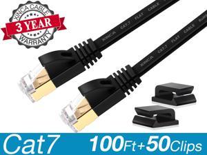 XINCA Cat7 Ethernet Cable Extra Long Lnternet Network Flat Patch Cord 100ft Black With 50 Cable Clips Rj45 Connectors10 Gbps 600MHz Connector For Modems Routers LAN Computers  Cable High Speed Distri