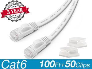 XINCA Cat6 Ethernet Cable Extra Long Lnternet Network Gigabit Flat Cord Lan 100ft White With 50pcs Cable Clips Snagless Rj45 Connectors for Apply to PC Ps4 Router Office Computer More