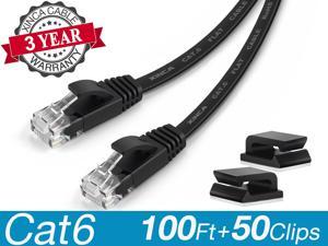 XINCA Cat6 Ethernet Cable Extra Long Lnternet Network Gigabit Flat Cord lan 100ft Black With 50pcs Cable Clips Snagless Rj45 Connectors for Apply to PC Ps4 Router Office Computer More