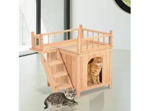28.7" Wood Pet House Cat Tree House 2-Story w/ Stair Outdoor 28.7" Wood Pet House Cat Tree House 2-Story w/ Stair Outdoor