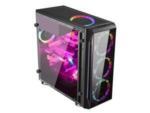 ESGAMING ATX Mid Tower Gaming Case,Tempered Glass Front panel with USB 3.0 ,Full Acrylic window for side, Pre-installed  Black Fan for Rear Panel