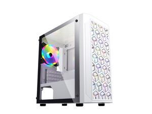 ESGAMING White Micro ATX Mini ITX Tower Micro ATX Computer Case with Tempered Glass Side Panel,Pre-Installed 4 x 120mm Seven Rainbow LED Fans