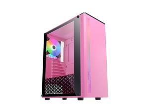 ESGAMING Pink Mid-Tower ATX Gaming Case, Tempered Glass Side Panel, LED Strip Front Panel, 240 mm Radiator Support, 1 x 120 mm RGB Fan Included
