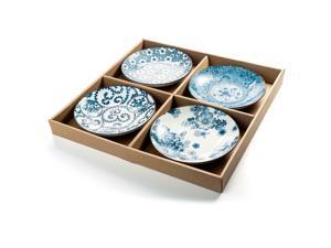 NEW 4 Porcelain Blue and White Round Shallow Dish Appetizer Plates ® NEW 4 Porcelain Blue and White Round Shallow Dish Appetizer Plates ®