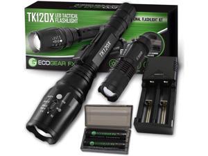 Zoomable LED Tactical Flashlight Kit - EcoGear FX TK120X: 5 Light Modes High Lumen Output Water Resistant for Security & General Home Use - Batteries and Charger Included - Perfect Gift for Dad