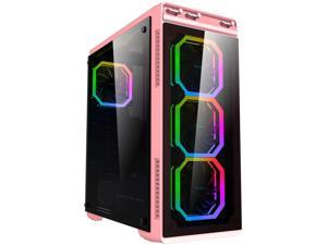 Apevia Aura-P-PK Mid Tower Gaming Case with 2 x Full-Size Tempered Glass Panel, Top USB3.0/USB2.0/Audio Ports, 4 x RGB Fans, Pink Frame