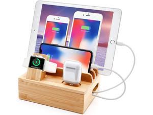 Bamboo Charger Station for Multiple Devices Sendowtek 6 in 1 USB Charging Station 5 Port for Cellphone Tablet Smart Watch Holder Earbuds Docking Station Organizer 5 Mixed Cables Included