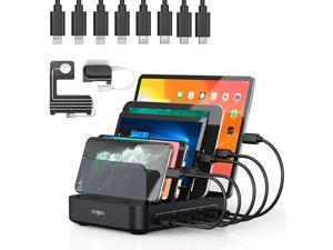 Vogek 50W Charging Station for Multiple Devices, 5 USB Fast Ports with 8 Short Mixed Cables Watch & Airpod Stand Included for Cell Phones, Smart Phones, Tablets, iWatch, Airpods -Black