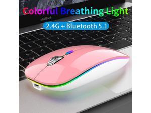 TENMOS Wireless Bluetooth Mouse LED Slim Dual Mode (Bluetooth 5.1 + USB) 2.4GHz Rechargeable Silent Bluetooth Wireless Mouse with Type C Adapter for Laptop/MacBook/iPad OS 13 and Above (Pink)