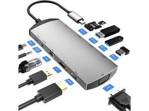 USB C Docking Station, 11 in 1 Type C Hub with 4K HDMI & DP, VGA, Gigabit Ethernet, 3 USB Ports, SD/TF Card Reader, Audio/Mic, PD3.0 Charging Port for MacBook and Type C Windows Laptops by Skylaxy USB C Docking Station, 11 in 1 Type C Hub with 4K HDMI & DP, VGA, Gigabit Ethernet, 3 USB Ports, SD/TF Card Reader, Audio/Mic, PD3.0 Charging Port for MacBook and Type C Windows Laptops by Skylaxy