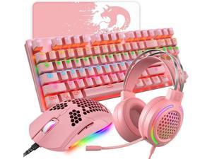 4-in-1 Gaming Keyboard Mouse Combo 87 Keys Rainbow Mechanical Keyboard RGB 12000 DPI Lightweight Pink Gaming Mouse with Honeycomb Shell 3.5mm Gaming Stereo Headset for PC Laptop Computer