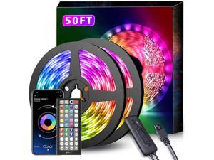 50Ft LED Strip Lights Music Sync Color Changing RGB LED Strip 44-Key Remote Sensitive Built-in Mic App Controlled LED Lights Rope Lights 5050 RGB LED Light Strip(APP+Remote+Mic+3 Button Switch)
