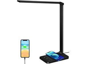 LED Desk Lamp with Wireless Charger USB Charging Port Table Lamp with 6 Brightness Levels & 5 Lighting Modes Touch Control Auto-Off Timer Dimmable Eye-Caring Desk Light with Adapter Black
