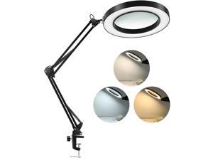 LANCOSC LED Magnifying Lamp with Clamp 1500 Lumens Stepless Dimmable 3 Color Modes 5-Diopter 4.3&Prime Real Glass Lens Adjustable Swivel Arm Lighted Magnifier Light for Reading Craft Close Work-2.25X